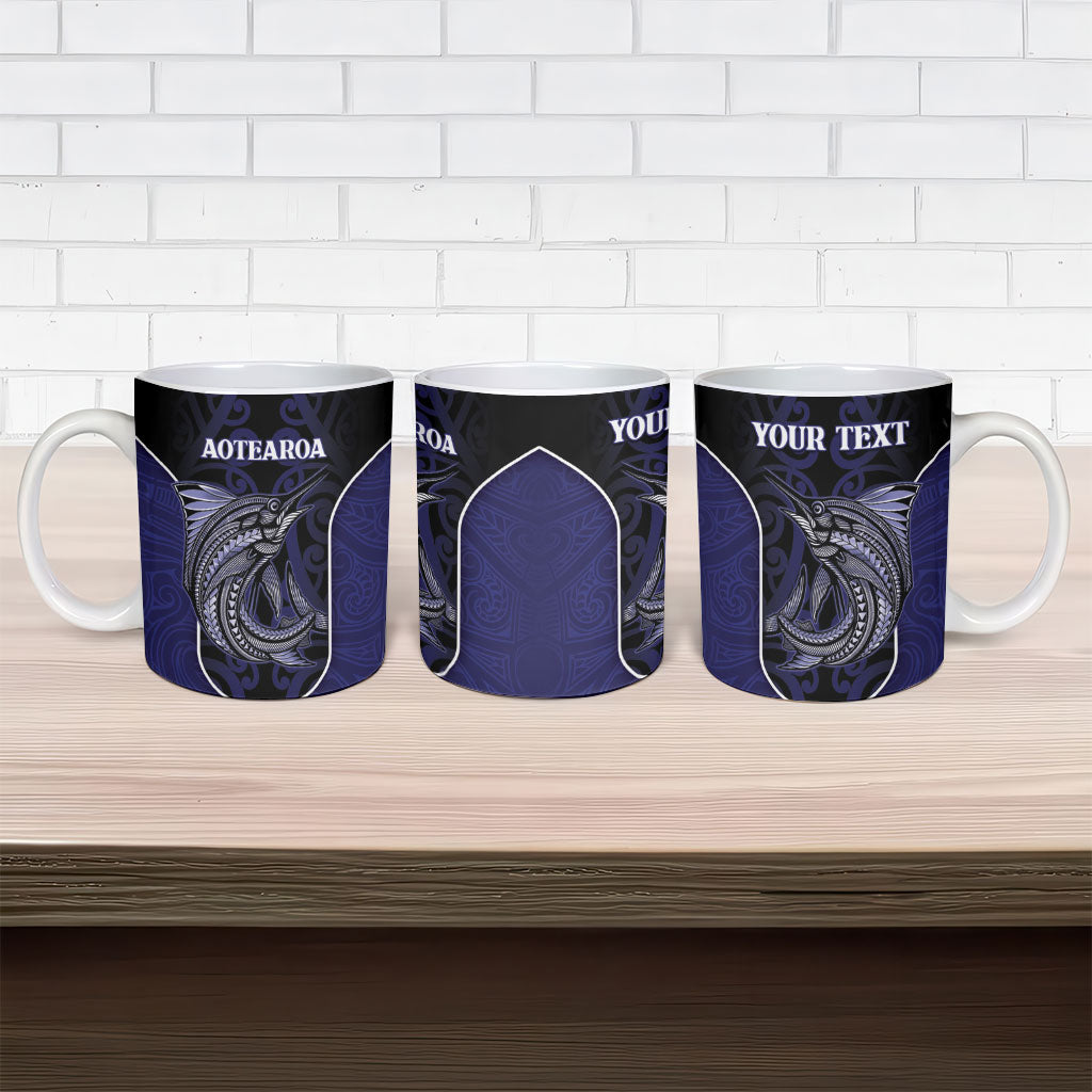 Personalised New Zealand Aotearoa Ceramic Mug Blue Marlin Fishing Maori Pattern