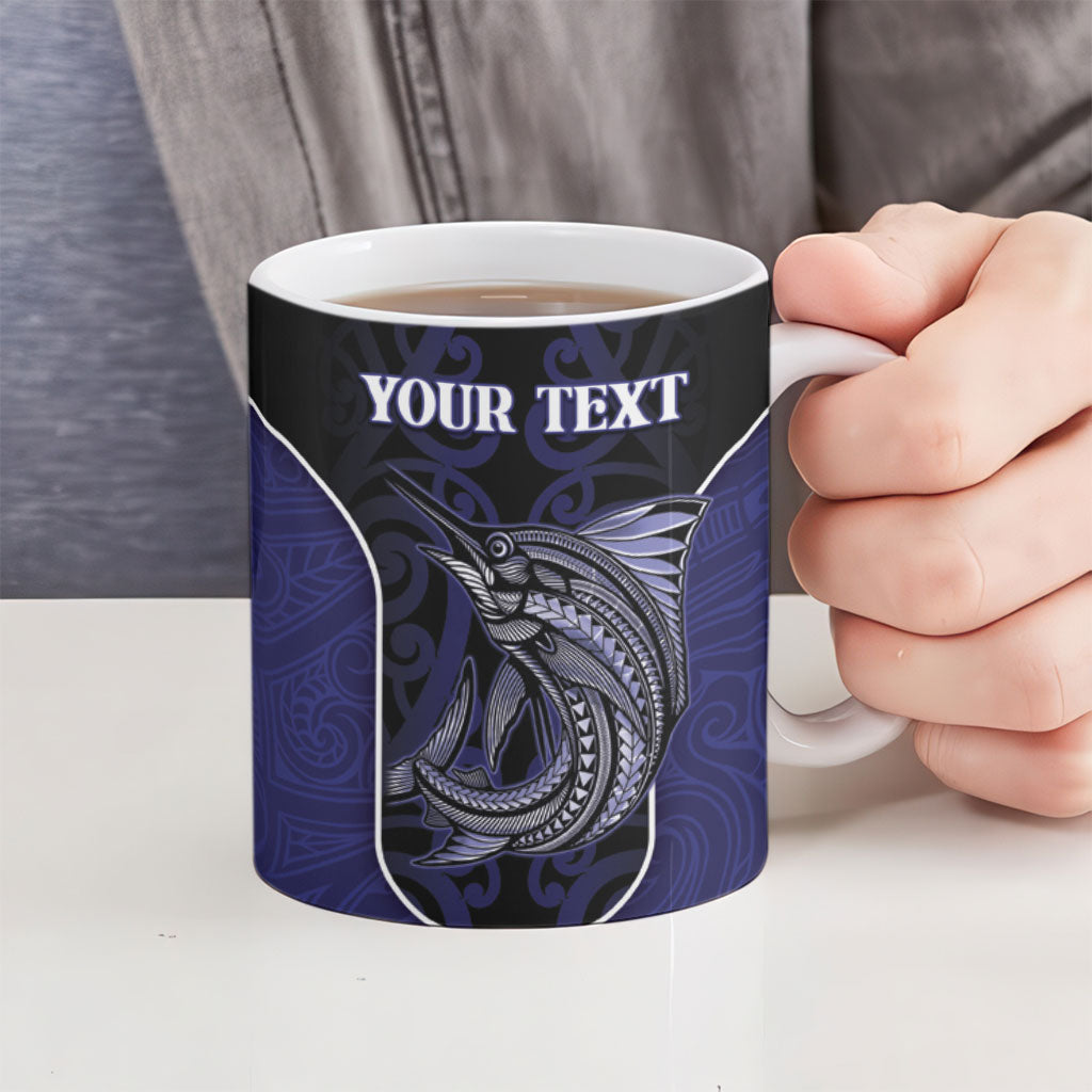 Personalised New Zealand Aotearoa Ceramic Mug Blue Marlin Fishing Maori Pattern