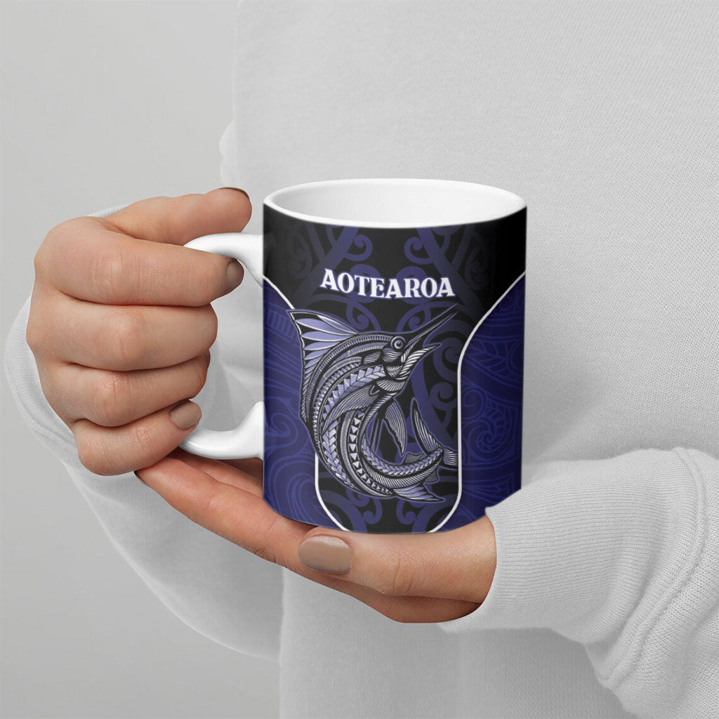 Personalised New Zealand Aotearoa Ceramic Mug Blue Marlin Fishing Maori Pattern