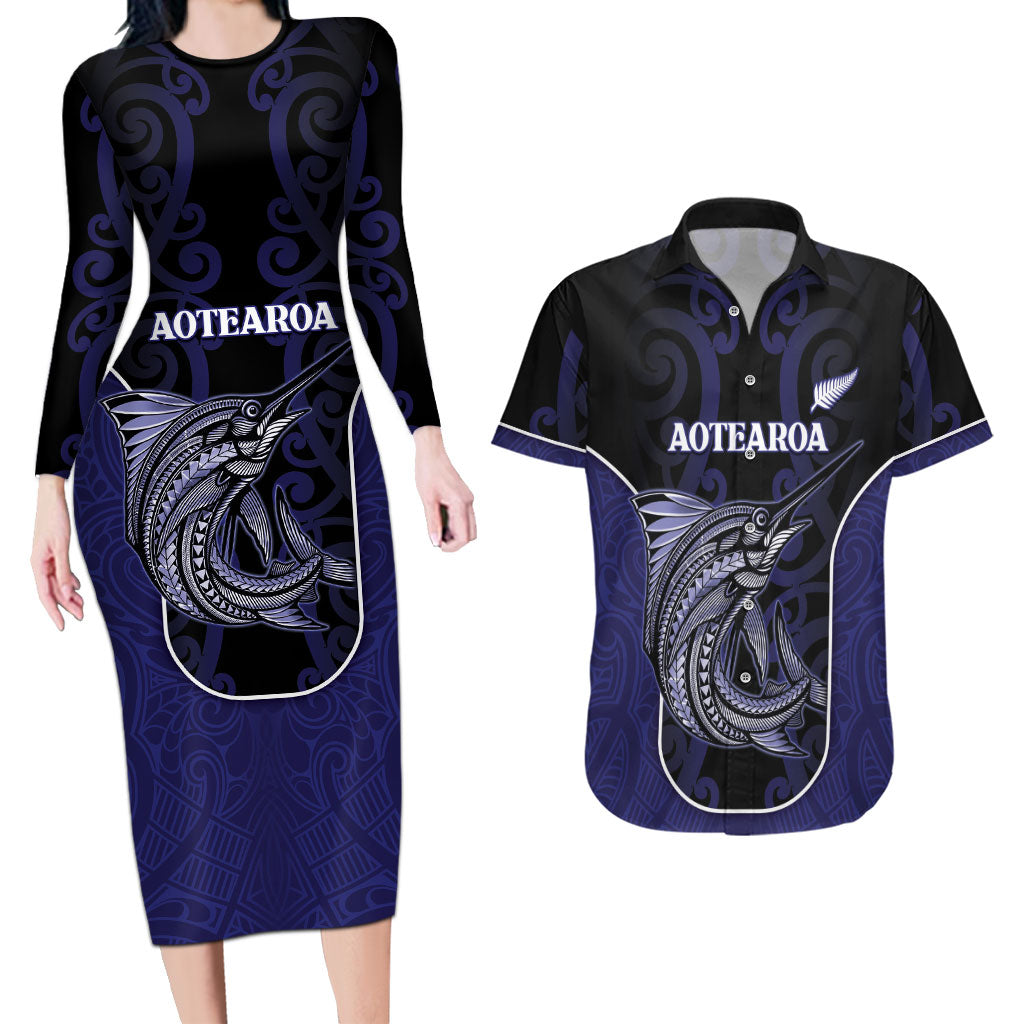 Personalised New Zealand Aotearoa Couples Matching Long Sleeve Bodycon Dress and Hawaiian Shirt Blue Marlin Fishing Maori Pattern