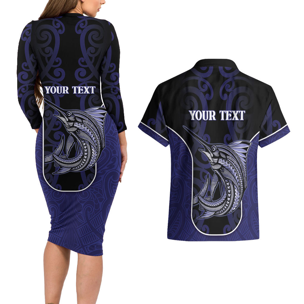 Personalised New Zealand Aotearoa Couples Matching Long Sleeve Bodycon Dress and Hawaiian Shirt Blue Marlin Fishing Maori Pattern