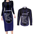 Personalised New Zealand Aotearoa Couples Matching Long Sleeve Bodycon Dress and Long Sleeve Button Shirt Blue Marlin Fishing Maori Pattern