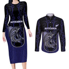 Personalised New Zealand Aotearoa Couples Matching Long Sleeve Bodycon Dress and Long Sleeve Button Shirt Blue Marlin Fishing Maori Pattern