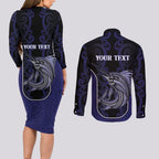 Personalised New Zealand Aotearoa Couples Matching Long Sleeve Bodycon Dress and Long Sleeve Button Shirt Blue Marlin Fishing Maori Pattern
