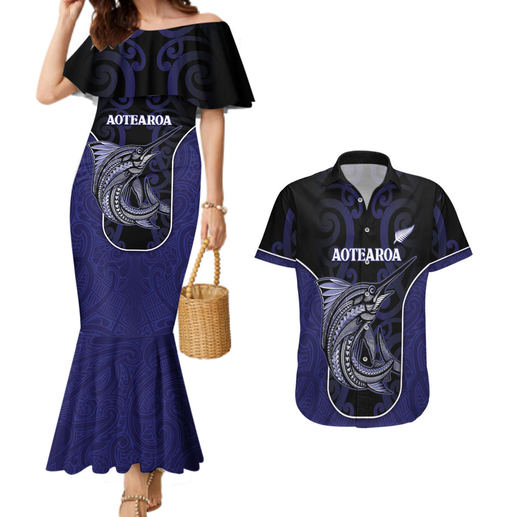 Personalised New Zealand Aotearoa Couples Matching Mermaid Dress and Hawaiian Shirt Blue Marlin Fishing Maori Pattern