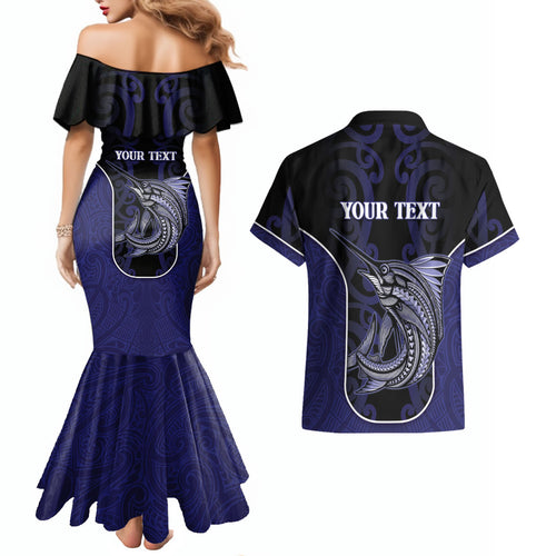 Personalised New Zealand Aotearoa Couples Matching Mermaid Dress and Hawaiian Shirt Blue Marlin Fishing Maori Pattern