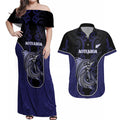 Personalised New Zealand Aotearoa Couples Matching Off Shoulder Maxi Dress and Hawaiian Shirt Blue Marlin Fishing Maori Pattern