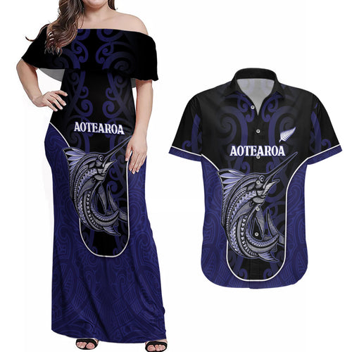 Personalised New Zealand Aotearoa Couples Matching Off Shoulder Maxi Dress and Hawaiian Shirt Blue Marlin Fishing Maori Pattern