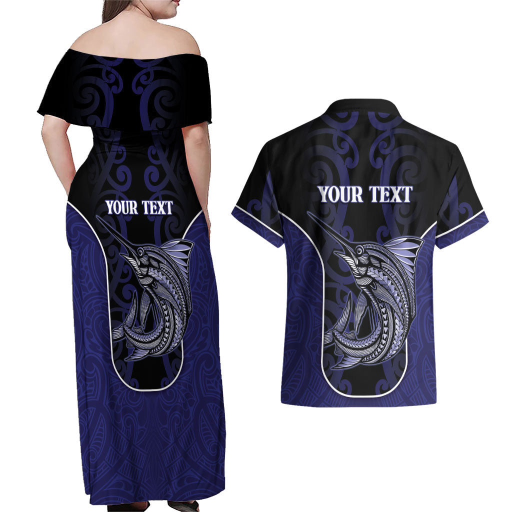 Personalised New Zealand Aotearoa Couples Matching Off Shoulder Maxi Dress and Hawaiian Shirt Blue Marlin Fishing Maori Pattern