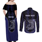 Personalised New Zealand Aotearoa Couples Matching Off Shoulder Maxi Dress and Long Sleeve Button Shirt Blue Marlin Fishing Maori Pattern