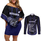 Personalised New Zealand Aotearoa Couples Matching Off Shoulder Short Dress and Long Sleeve Button Shirt Blue Marlin Fishing Maori Pattern