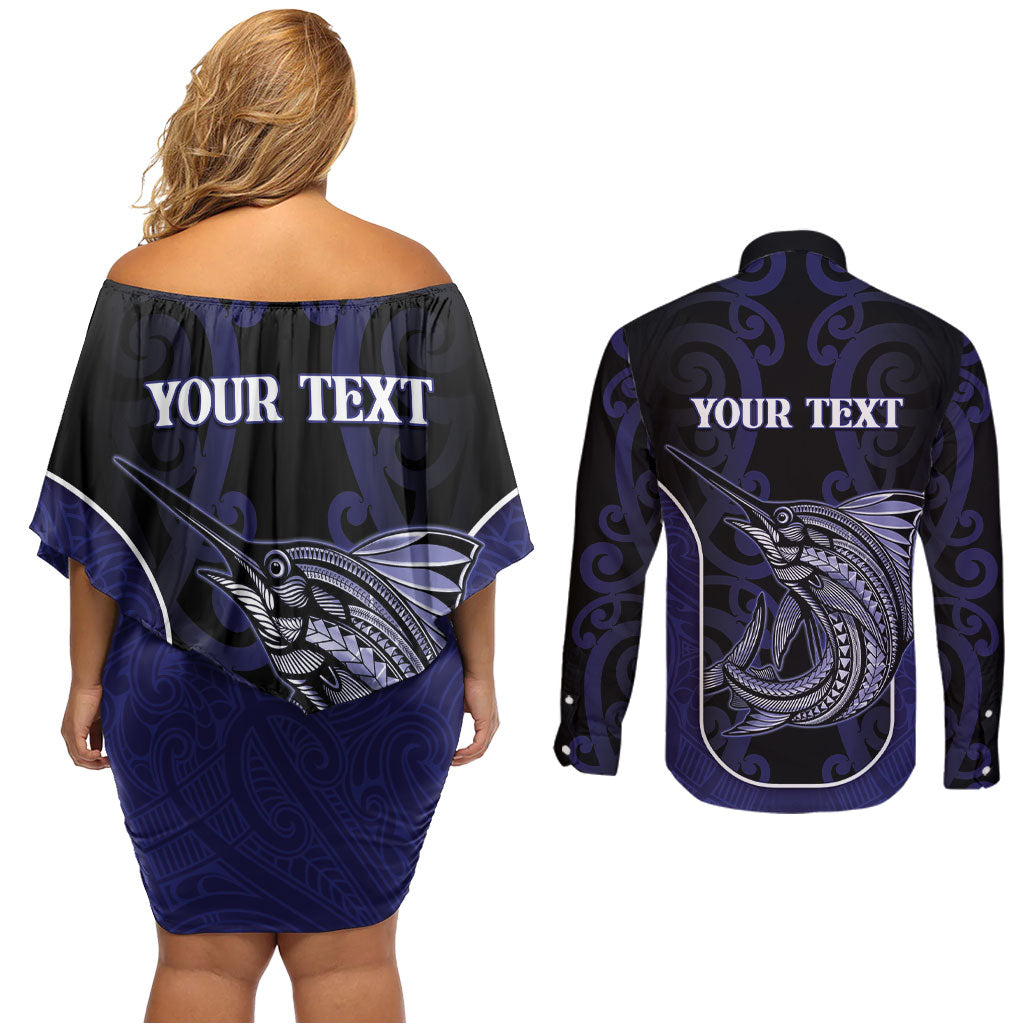 Personalised New Zealand Aotearoa Couples Matching Off Shoulder Short Dress and Long Sleeve Button Shirt Blue Marlin Fishing Maori Pattern