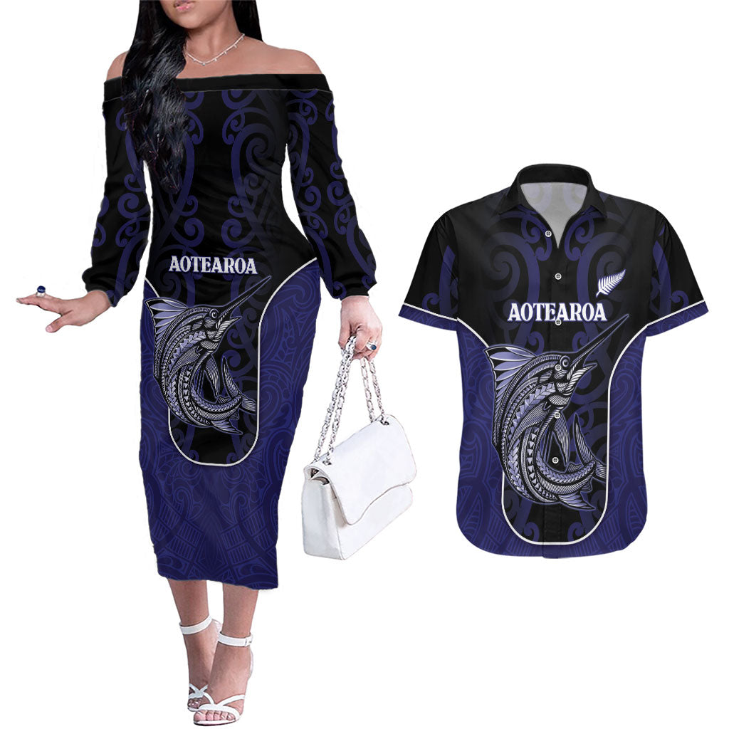 Personalised New Zealand Aotearoa Couples Matching Off The Shoulder Long Sleeve Dress and Hawaiian Shirt Blue Marlin Fishing Maori Pattern