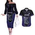 Personalised New Zealand Aotearoa Couples Matching Off The Shoulder Long Sleeve Dress and Hawaiian Shirt Blue Marlin Fishing Maori Pattern
