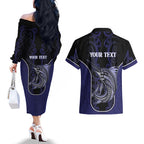 Personalised New Zealand Aotearoa Couples Matching Off The Shoulder Long Sleeve Dress and Hawaiian Shirt Blue Marlin Fishing Maori Pattern