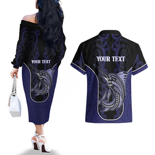 Personalised New Zealand Aotearoa Couples Matching Off The Shoulder Long Sleeve Dress and Hawaiian Shirt Blue Marlin Fishing Maori Pattern