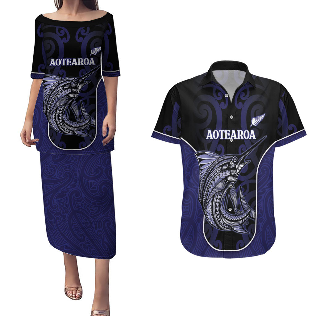Personalised New Zealand Aotearoa Couples Matching Puletasi and Hawaiian Shirt Blue Marlin Fishing Maori Pattern