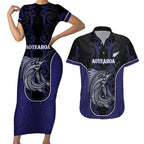 Personalised New Zealand Aotearoa Couples Matching Short Sleeve Bodycon Dress and Hawaiian Shirt Blue Marlin Fishing Maori Pattern