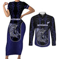 Personalised New Zealand Aotearoa Couples Matching Short Sleeve Bodycon Dress and Long Sleeve Button Shirt Blue Marlin Fishing Maori Pattern