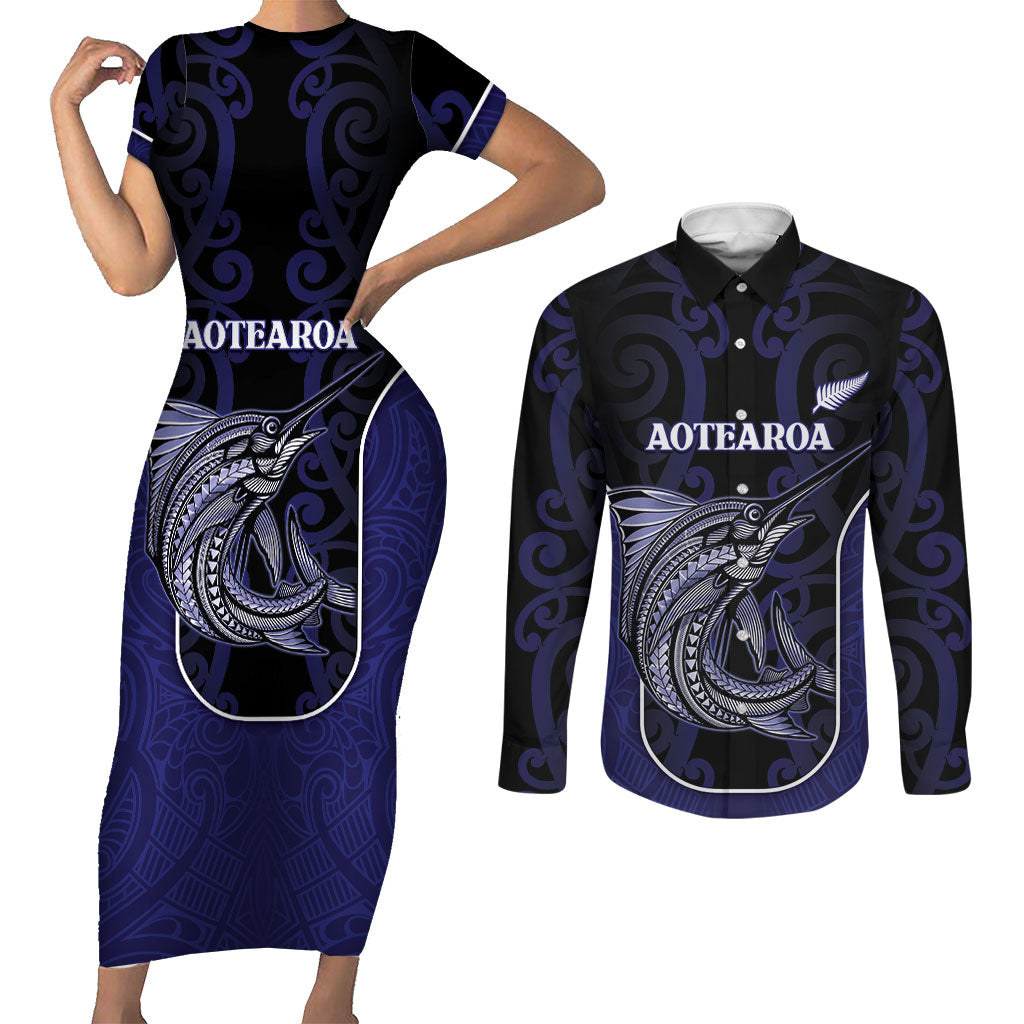 Personalised New Zealand Aotearoa Couples Matching Short Sleeve Bodycon Dress and Long Sleeve Button Shirt Blue Marlin Fishing Maori Pattern