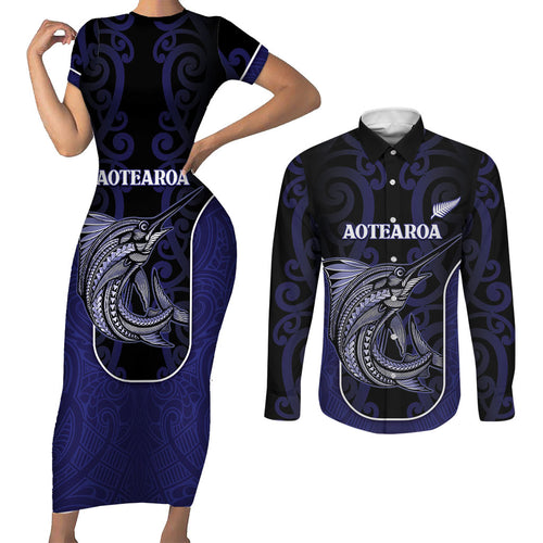 Personalised New Zealand Aotearoa Couples Matching Short Sleeve Bodycon Dress and Long Sleeve Button Shirt Blue Marlin Fishing Maori Pattern