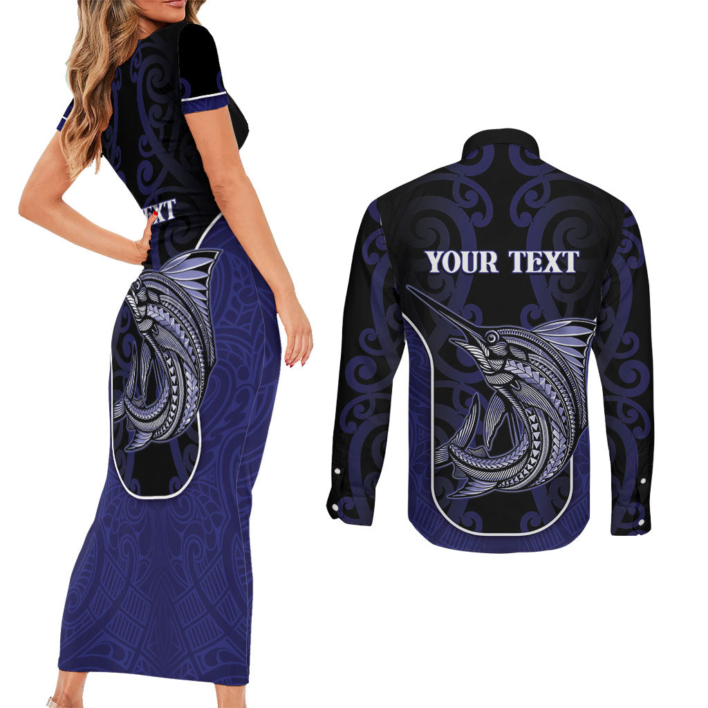Personalised New Zealand Aotearoa Couples Matching Short Sleeve Bodycon Dress and Long Sleeve Button Shirt Blue Marlin Fishing Maori Pattern