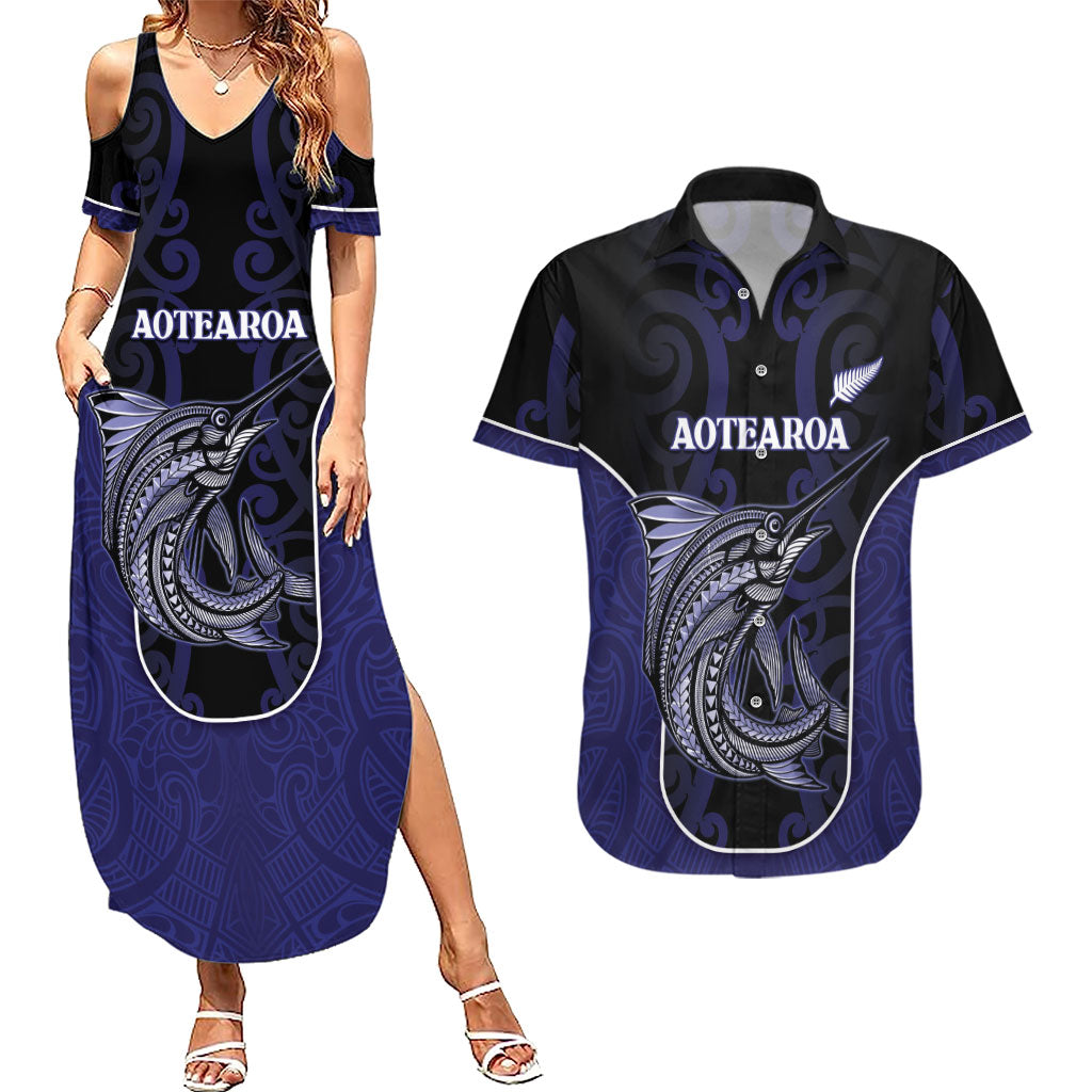 Personalised New Zealand Aotearoa Couples Matching Summer Maxi Dress and Hawaiian Shirt Blue Marlin Fishing Maori Pattern
