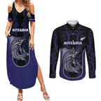 Personalised New Zealand Aotearoa Couples Matching Summer Maxi Dress and Long Sleeve Button Shirt Blue Marlin Fishing Maori Pattern