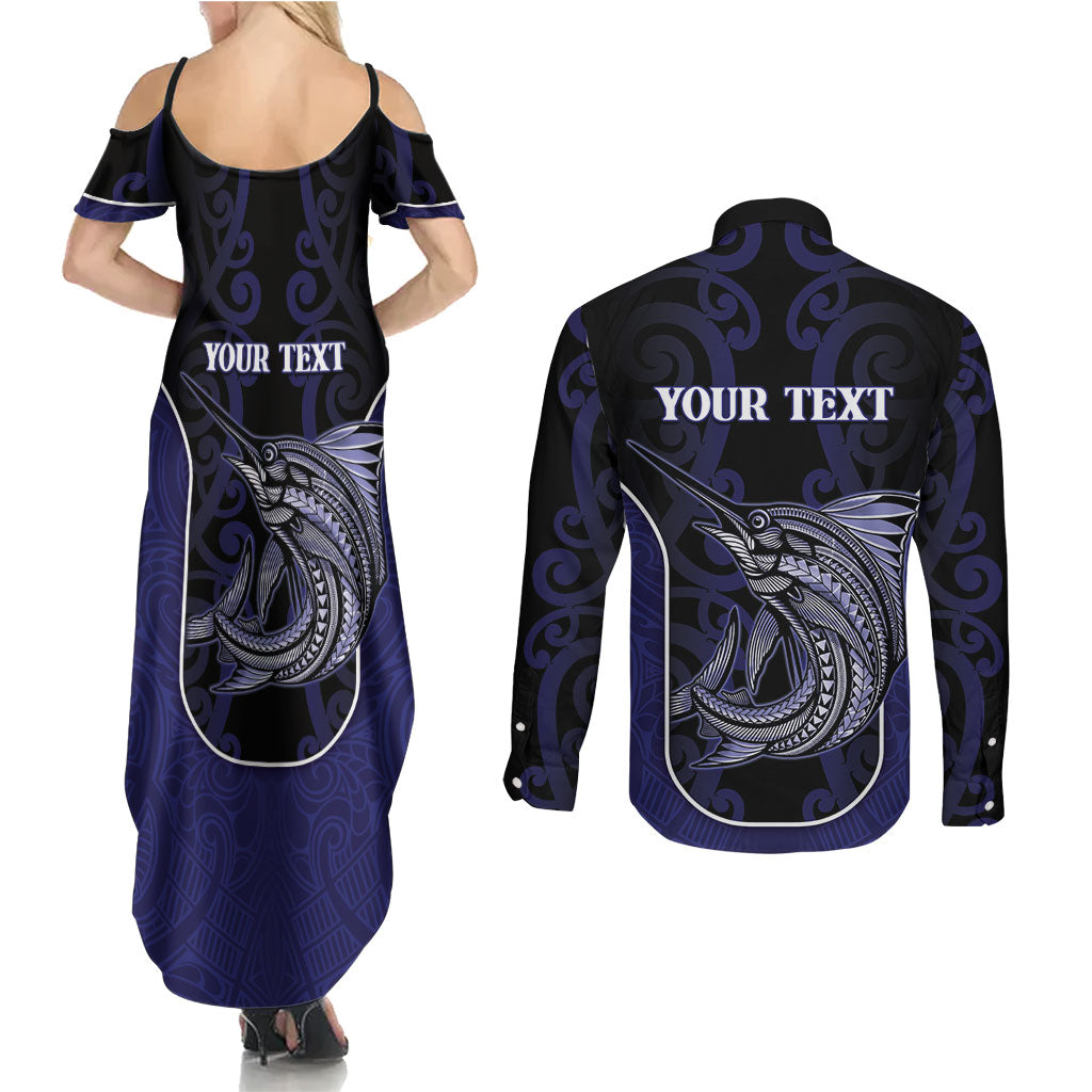 Personalised New Zealand Aotearoa Couples Matching Summer Maxi Dress and Long Sleeve Button Shirt Blue Marlin Fishing Maori Pattern