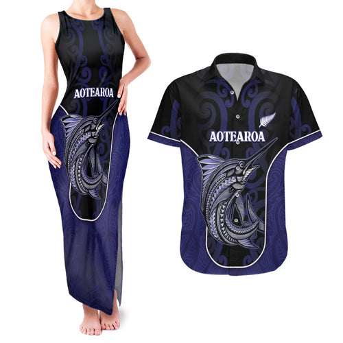 Personalised New Zealand Aotearoa Couples Matching Tank Maxi Dress and Hawaiian Shirt Blue Marlin Fishing Maori Pattern