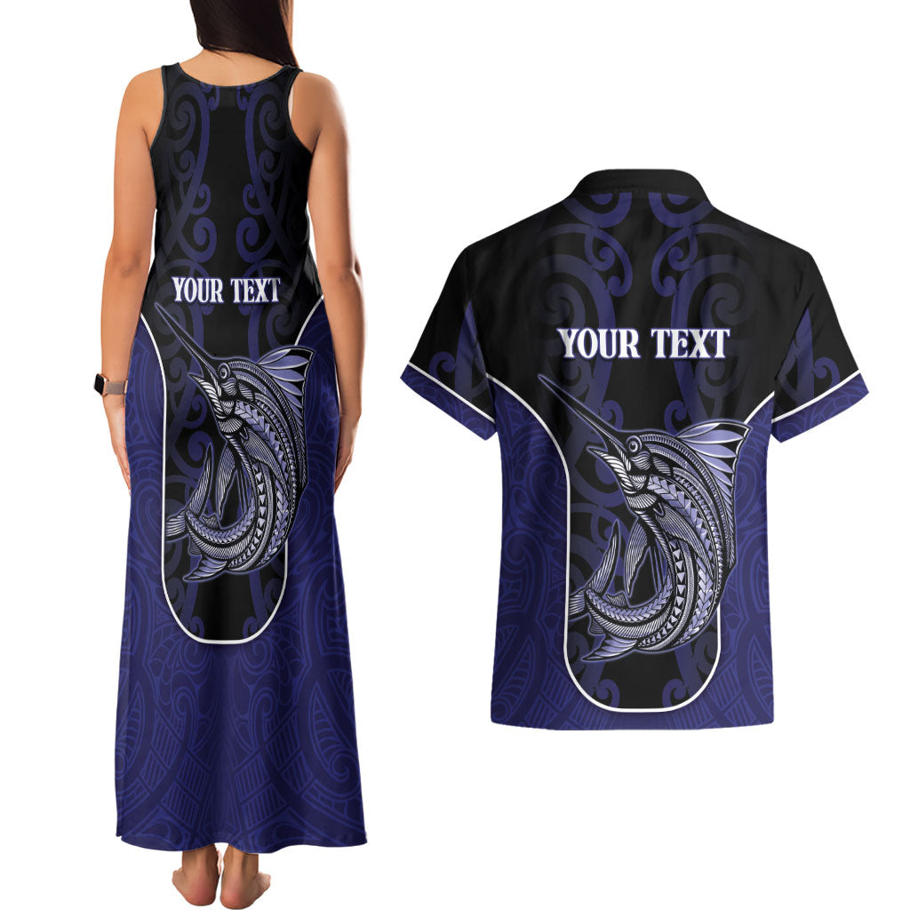 Personalised New Zealand Aotearoa Couples Matching Tank Maxi Dress and Hawaiian Shirt Blue Marlin Fishing Maori Pattern