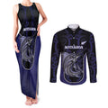 Personalised New Zealand Aotearoa Couples Matching Tank Maxi Dress and Long Sleeve Button Shirt Blue Marlin Fishing Maori Pattern