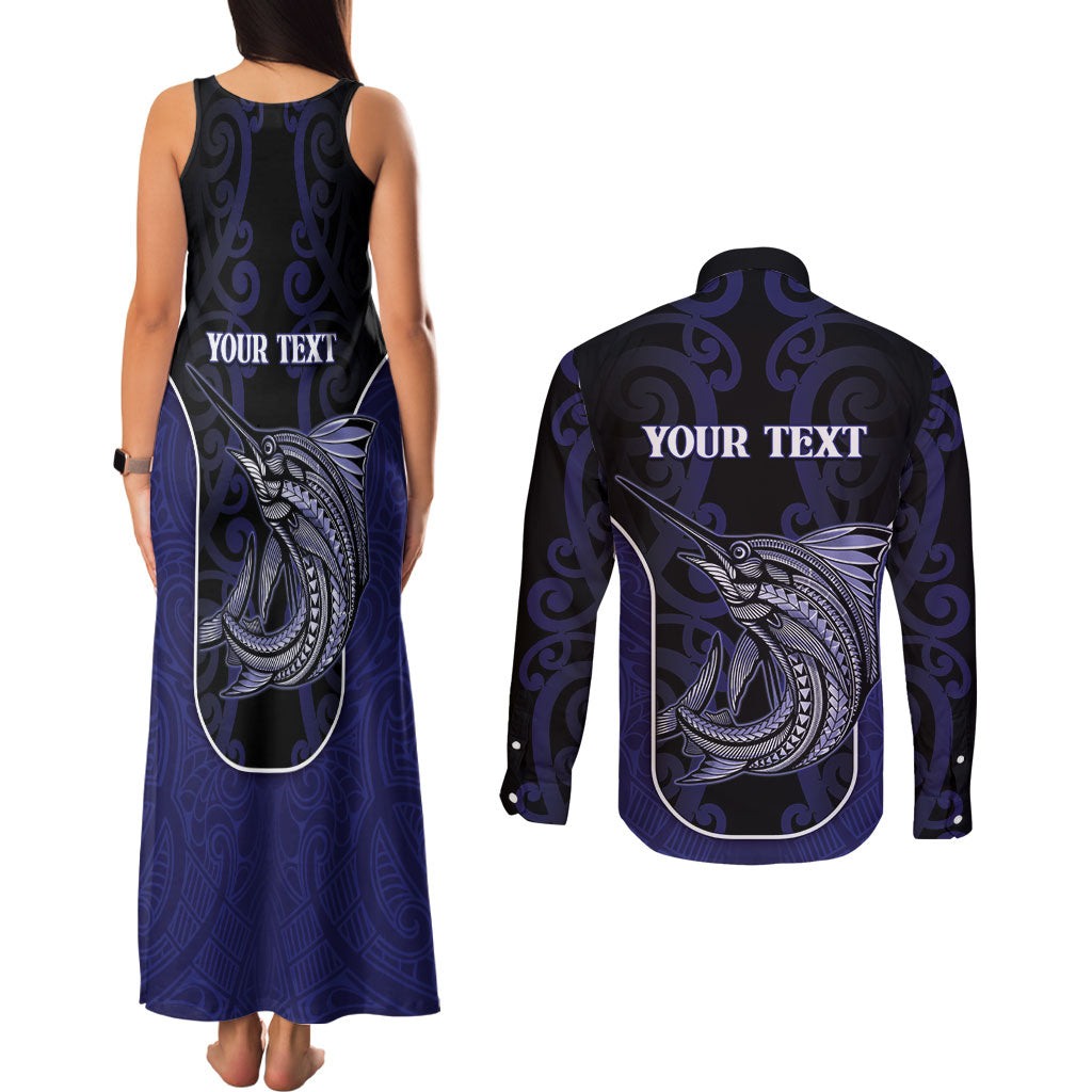 Personalised New Zealand Aotearoa Couples Matching Tank Maxi Dress and Long Sleeve Button Shirt Blue Marlin Fishing Maori Pattern