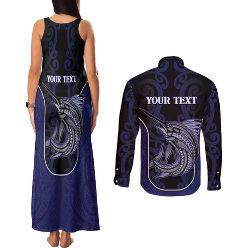 Personalised New Zealand Aotearoa Couples Matching Tank Maxi Dress and Long Sleeve Button Shirt Blue Marlin Fishing Maori Pattern