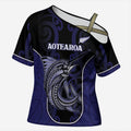 Personalised New Zealand Aotearoa Cross Shoulder Shirt Blue Marlin Fishing Maori Pattern