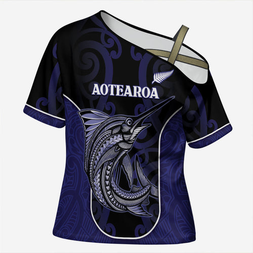 Personalised New Zealand Aotearoa Cross Shoulder Shirt Blue Marlin Fishing Maori Pattern