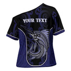 Personalised New Zealand Aotearoa Cross Shoulder Shirt Blue Marlin Fishing Maori Pattern