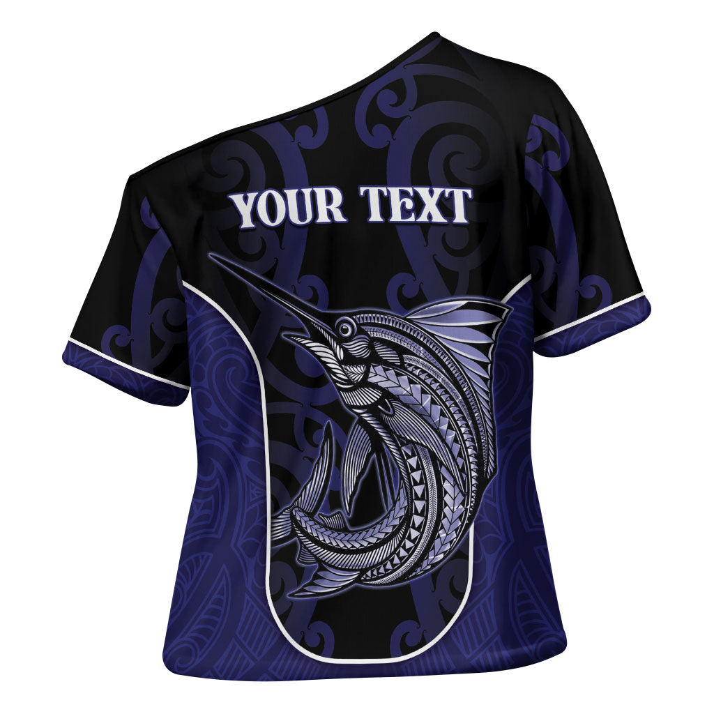 Personalised New Zealand Aotearoa Cross Shoulder Shirt Blue Marlin Fishing Maori Pattern