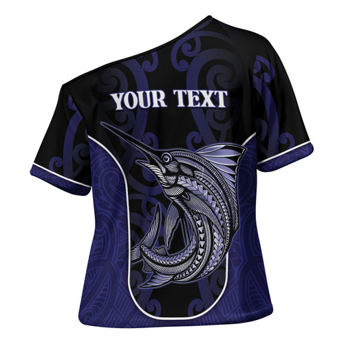 Personalised New Zealand Aotearoa Cross Shoulder Shirt Blue Marlin Fishing Maori Pattern