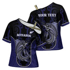 Personalised New Zealand Aotearoa Cross Shoulder Shirt Blue Marlin Fishing Maori Pattern