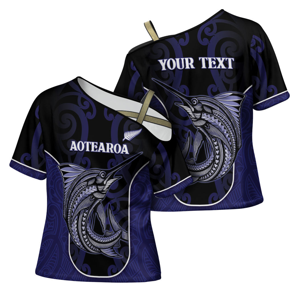 Personalised New Zealand Aotearoa Cross Shoulder Shirt Blue Marlin Fishing Maori Pattern