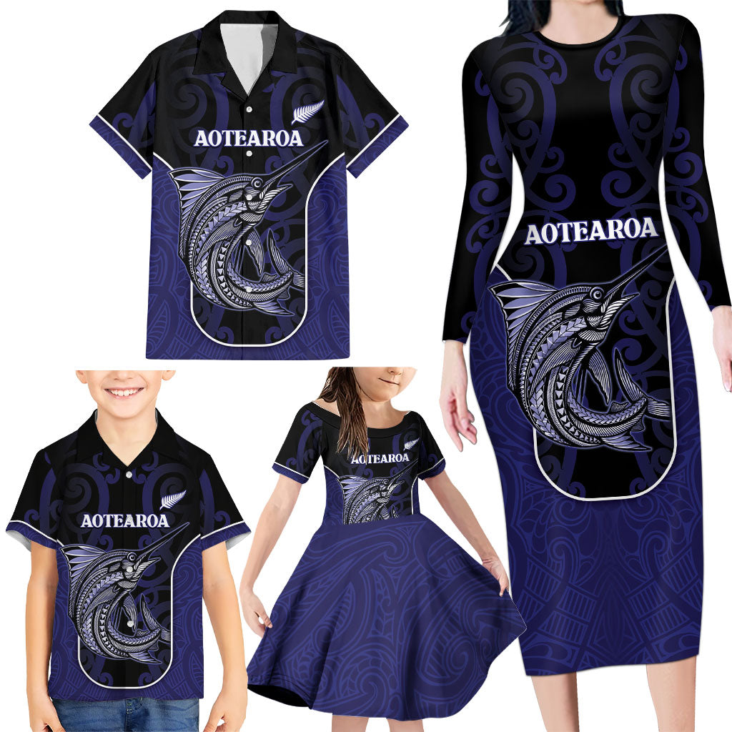 Personalised New Zealand Aotearoa Family Matching Long Sleeve Bodycon Dress and Hawaiian Shirt Blue Marlin Fishing Maori Pattern