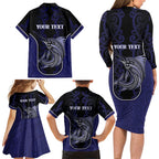 Personalised New Zealand Aotearoa Family Matching Long Sleeve Bodycon Dress and Hawaiian Shirt Blue Marlin Fishing Maori Pattern
