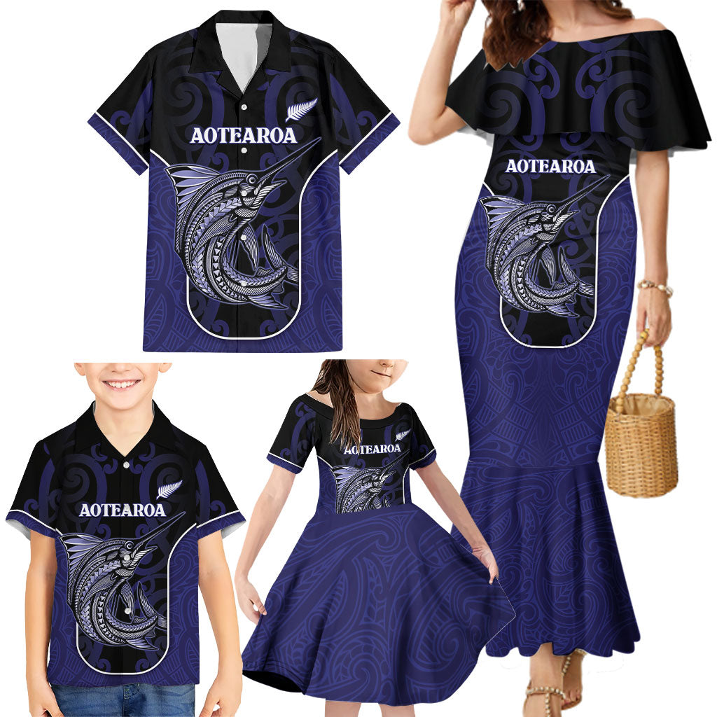 Personalised New Zealand Aotearoa Family Matching Mermaid Dress and Hawaiian Shirt Blue Marlin Fishing Maori Pattern