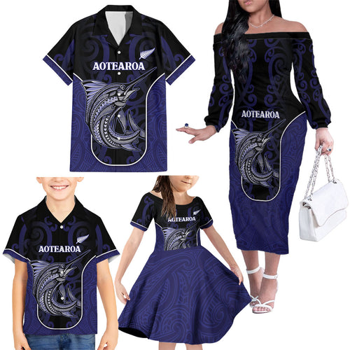 Personalised New Zealand Aotearoa Family Matching Off The Shoulder Long Sleeve Dress and Hawaiian Shirt Blue Marlin Fishing Maori Pattern