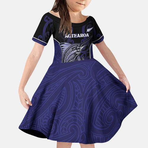 Personalised New Zealand Aotearoa Family Matching Off The Shoulder Long Sleeve Dress and Hawaiian Shirt Blue Marlin Fishing Maori Pattern