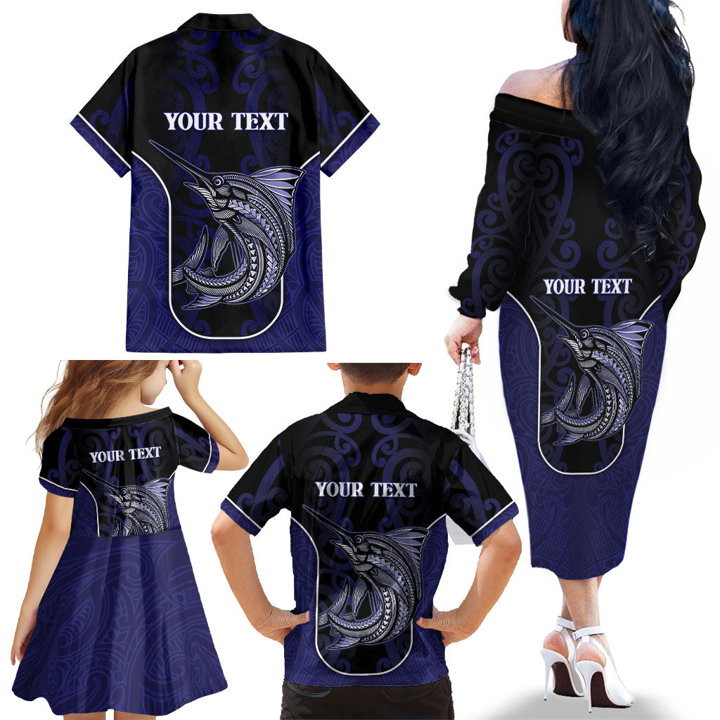 Personalised New Zealand Aotearoa Family Matching Off The Shoulder Long Sleeve Dress and Hawaiian Shirt Blue Marlin Fishing Maori Pattern
