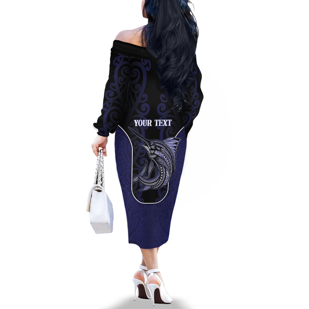 Personalised New Zealand Aotearoa Family Matching Off The Shoulder Long Sleeve Dress and Hawaiian Shirt Blue Marlin Fishing Maori Pattern