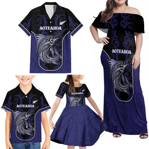 Personalised New Zealand Aotearoa Family Matching Off Shoulder Maxi Dress and Hawaiian Shirt Blue Marlin Fishing Maori Pattern