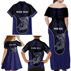 Personalised New Zealand Aotearoa Family Matching Off Shoulder Maxi Dress and Hawaiian Shirt Blue Marlin Fishing Maori Pattern